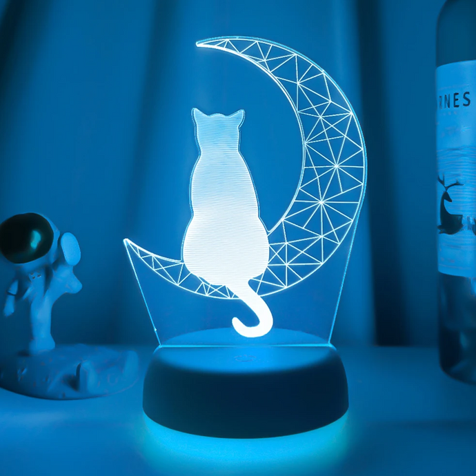 3D Acrylic LED Night Light - Moon Cat Figure - ESSMCO