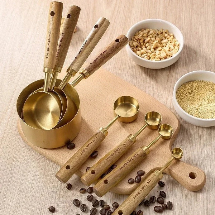 Wooden Handle Stainless Steel Measuring Cups and Spoons Set - ESSMCO